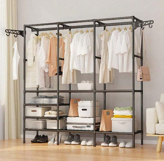 Modern Minimalist Metal Wardrobe with 3 Shelves and 2 Hanging Clothespins - Large Capacity, Easy Assembly, Portable Storage Organizer for Bedroom, Home, Rental, Dorm - Sturdy & Stylish Design, Portable Closet